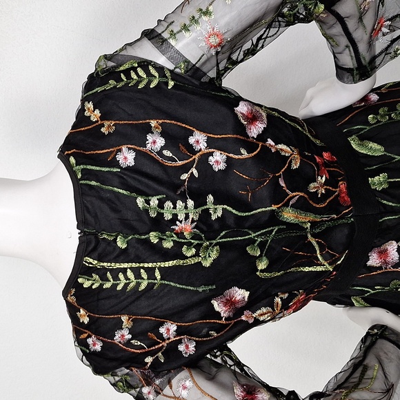 Black Floral Embroidered Romantic Sheer Whimsigoth Long Sleeve Dress Size M - Picture 8 of 12